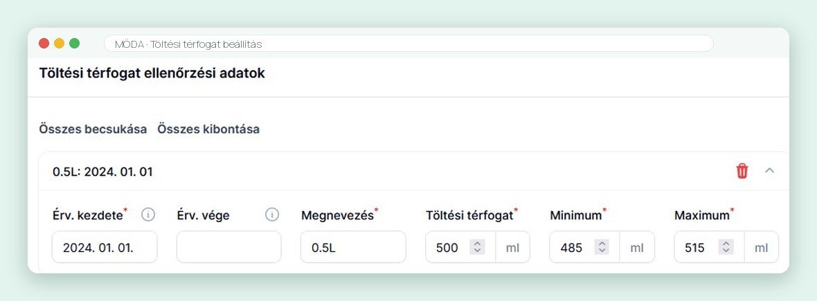 Önellenőrzési terv szoftver – töltési térfogat ellenőrzési adatok