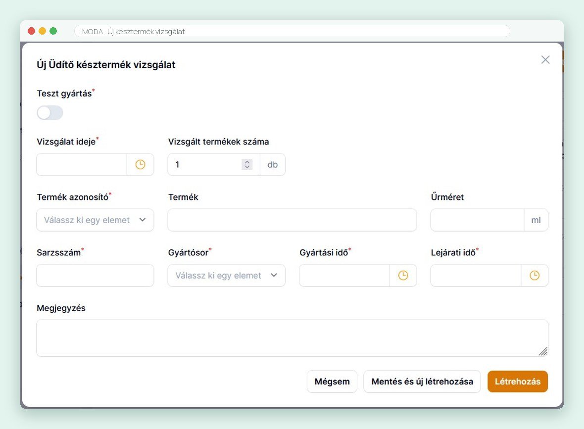 Önellenőrzési terv szoftver – új késztermék vizsgálat rögzítése